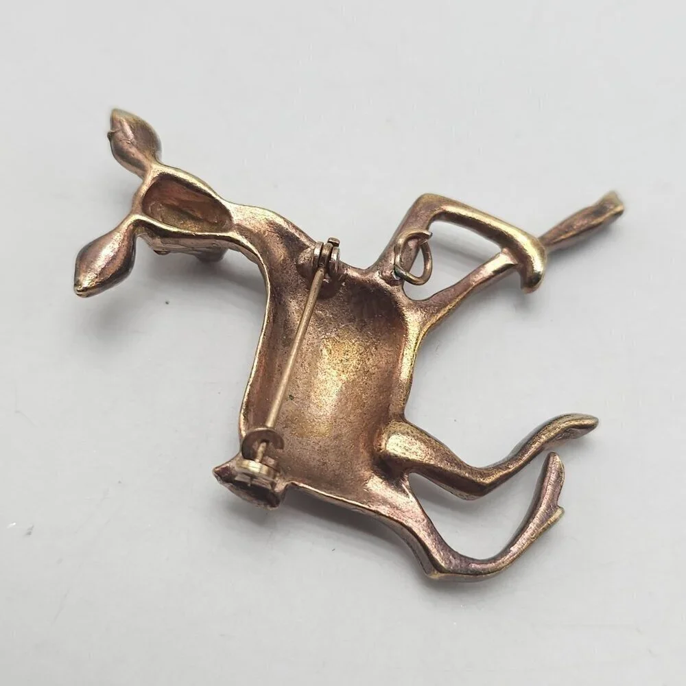 Vintage Copper Fawn Deer Brooch With Rhinestones Red Eyes LOOK AT ALL PICS